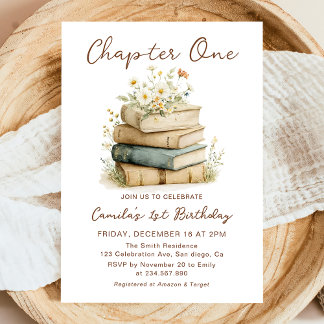 Chapter One Floral Books 1st Birthday Invitation Einladung