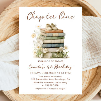 Chapter One Floral Books 1st Birthday Invitation Einladung