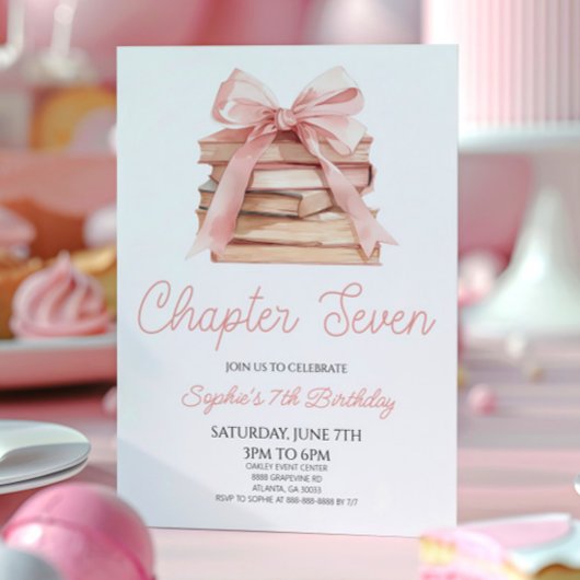 Chapter Seven Pink Bow Books 7th Birthday Party Einladung