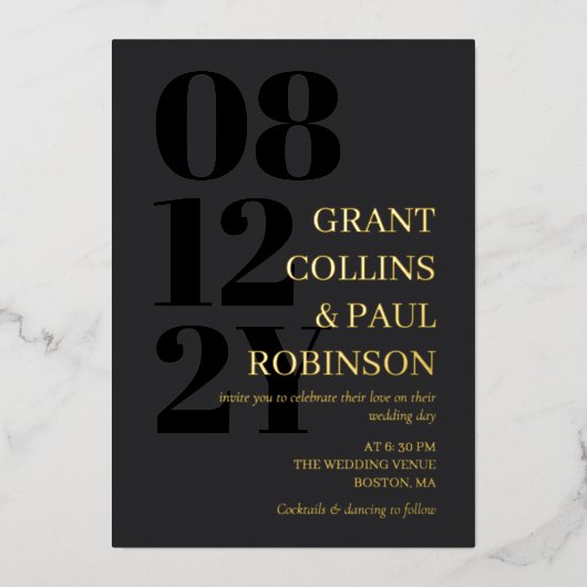 Charcoal Black & Gold Typografy Wedding Folieneinladung (Vorderseite)