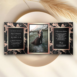 Charcoal Black Marble Rose Gold Foil Foto Hochzeit Dreifach Gefaltete Einladung