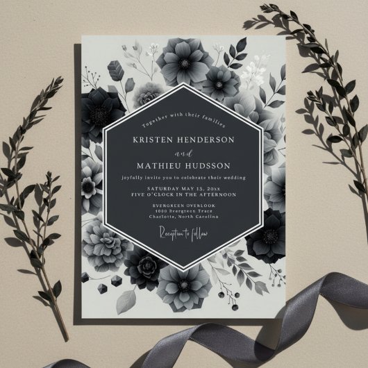 Charcoal Bloom Elegance Wedding Einladung