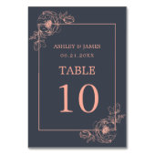 Charcoal Blue Rose Gold Floral Kontur Hochzeit Tischnummer (Rückseite)