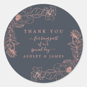 Charcoal Blue Rose Gold Floral Wedding Vielen Dank Runder Aufkleber