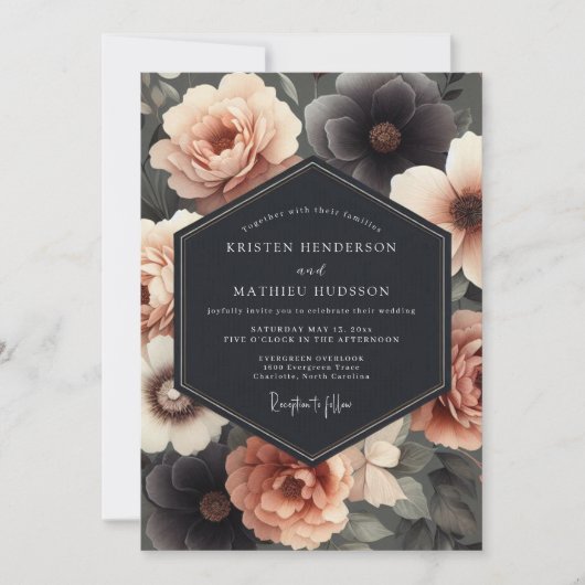 Charcoal & Blush Somber Bloom Wedding Einladung (Vorderseite)