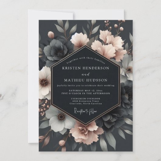 Charcoal Blush Vesperal Bloom Wedding Einladung (Vorderseite)