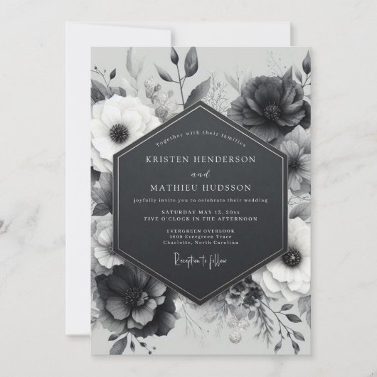 Charcoal Botanical Bloom Wedding Einladung (Vorderseite)