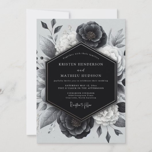Charcoal Botanical Romance Wedding Einladung (Vorderseite)
