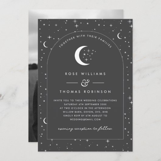 Charcoal Celestial Arched Wedding Invitation Foto Einladung (Vorne/Hinten)