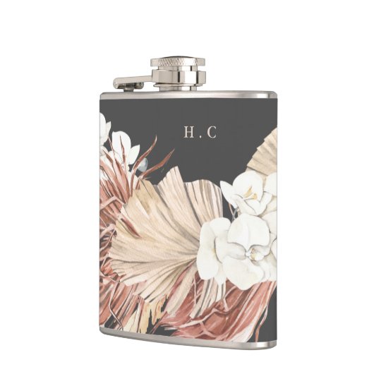 Charcoal Cream Pampas Grass Floral Jungle Wedding Flachmann (Links)