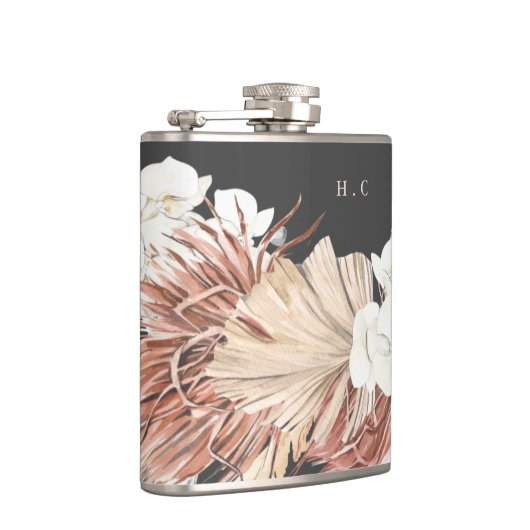 Charcoal Cream Pampas Grass Floral Jungle Wedding Flachmann (Rechts)