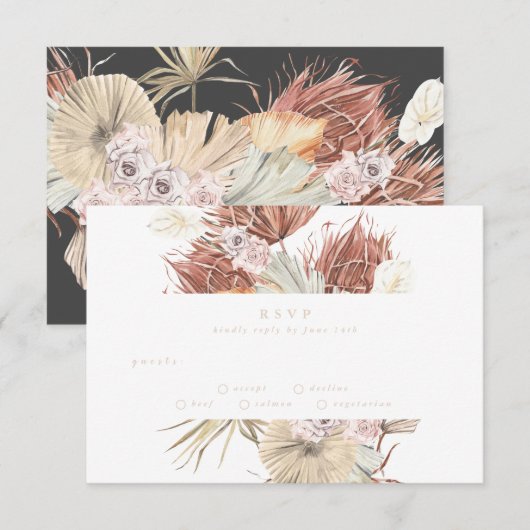 Charcoal Cream Pampas Grass Floral Jungle Wedding RSVP Karte (Vorne/Hinten)