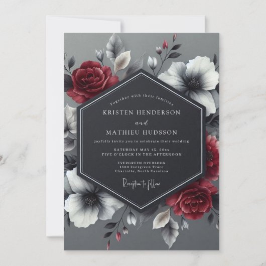 Charcoal Crimson Bloom Wedding Einladung (Vorderseite)