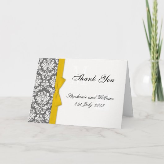 Charcoal Damask Yellow Bow Wedding Danke Karten (Vorderseite)