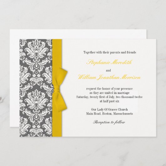 Charcoal Damask Yellow Bow Wedding Einladung (Vorne/Hinten)