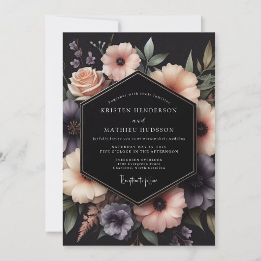 Charcoal Dusky Floral Wedding Einladung (Vorderseite)