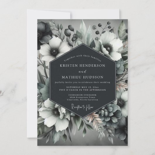 Charcoal Elegant Anemone Wedding Einladung (Vorderseite)