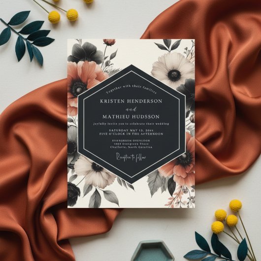 Charcoal Floral Moody Romance Wedding Einladung