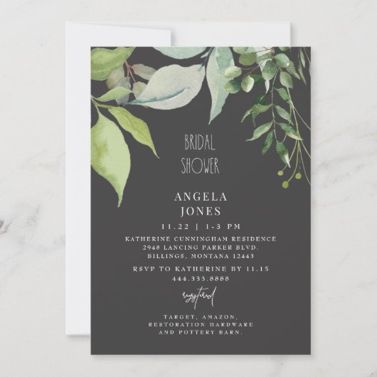 Charcoal Foliage Brautparty Greenery Einladung (Vorderseite)