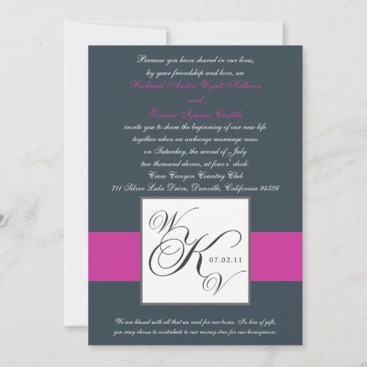 Charcoal Fuchsia Monogramme Hochzeitseinladungen Einladung (Rückseite)