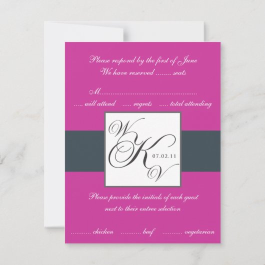 Charcoal Fuchsia Pink Monogram Wedding RSVP (Rückseite)
