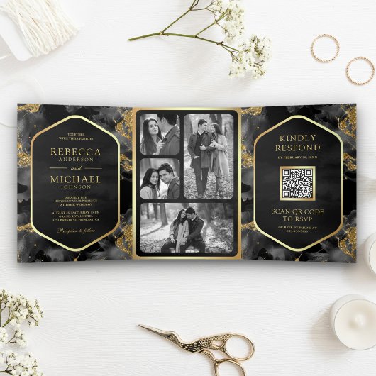 Charcoal Gold Abstrakt Fluid Ink QR Code Wedding Dreifach Gefaltete Einladung