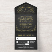Charcoal & Gold Raven Monogram Goth Wedding All-in-One-Einladung (Innenseite)