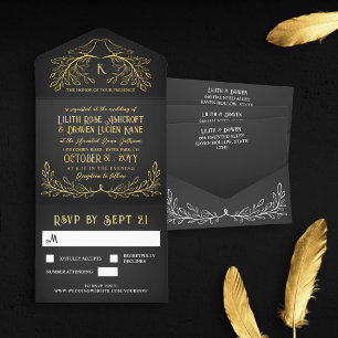 Charcoal & Gold Raven Monogram Goth Wedding All-in-One-Einladung