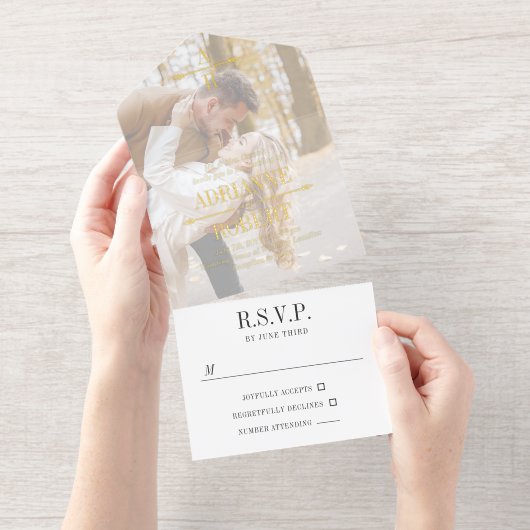 Charcoal & Gold Text Big Photo Monogram Wedding All-in-One-Einladung (Abreißstreifen)