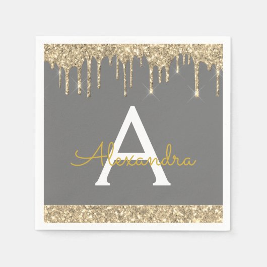 Charcoal Grau Glitzer Black Monogram Birthday Serviette (Vorderseite)