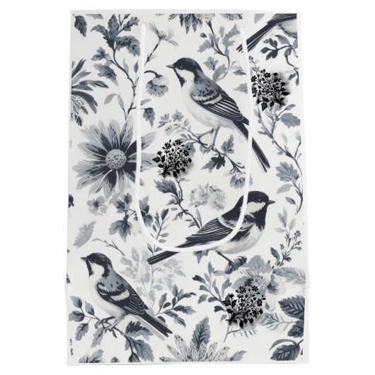 Charcoal Gray Bird Toile Geschenktasche Mittlere Geschenktüte (Rückseite)