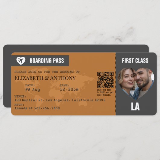 Charcoal Gray & Copper Boarding Pass Wedding Einladung (Vorne/Hinten)