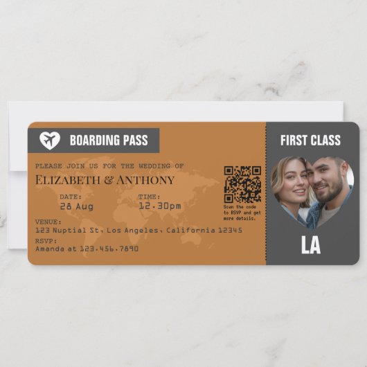 Charcoal Gray & Copper Boarding Pass Wedding Einladung (Vorderseite)