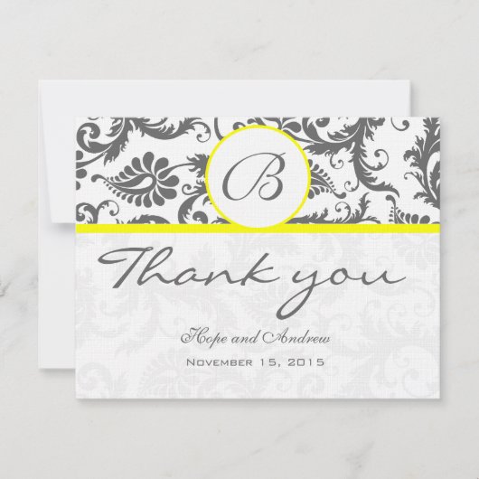 Charcoal Gray Damask Yellow Wedding Dankeschön Kar Dankeskarte (Vorderseite)