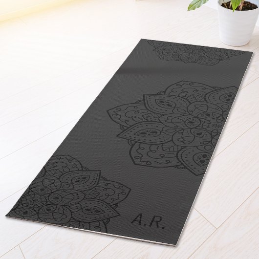 Charcoal Gray Decorative Mandala With Initials Yogamatte