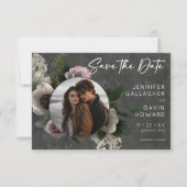 Charcoal Gray Elegant Floral Modernes Wedding Foto Save The Date (Vorderseite)
