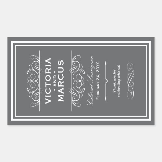 Charcoal Gray Elegant Wedding Monogram Wine Flasch Rechteckiger Aufkleber (Vorderseite)
