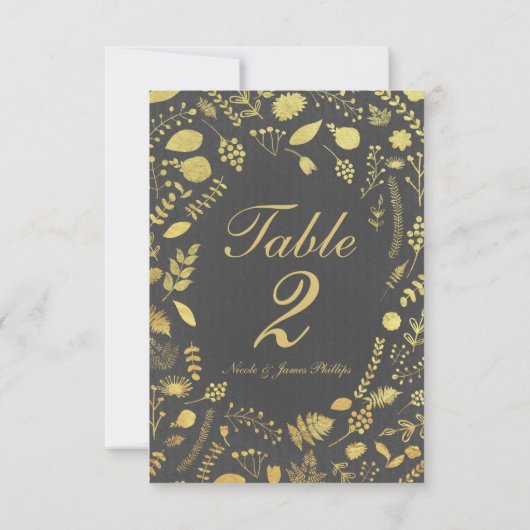 Charcoal Gray & Gold Floral Wedding Table Card Einladung (Rückseite)