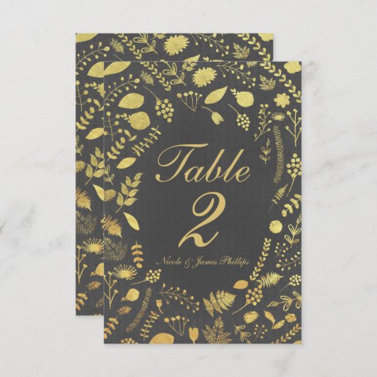 Charcoal Gray & Gold Floral Wedding Table Card Einladung (Vorne/Hinten)