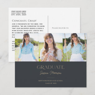 Charcoal Gray Graduate Script 3-Photo Graduation Postkarte