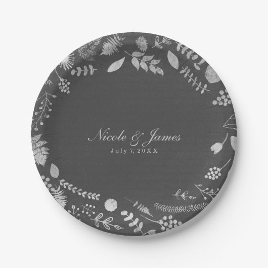 Charcoal Gray & Imitate Silver Floral Wedding Tell Pappteller (Vorderseite)
