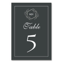 Charcoal Gray Monogram Wappen Tischnummer Card