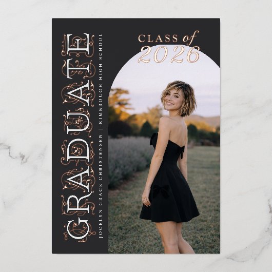 Charcoal Gray Photo Graduation Rose Gold Folieneinladung (Vorderseite)