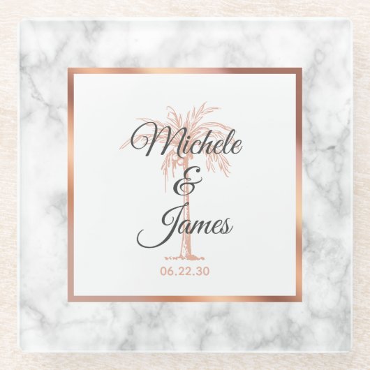 Charcoal Gray Rose Gold Palm Tree Marmorhochzeit Glasuntersetzer (Vorderseite)