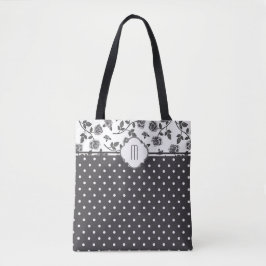 Charcoal Gray Rose Polka Dot Monogram Tasche