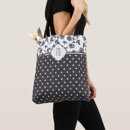 Charcoal Gray Rose Polka Dot Monogram Tasche