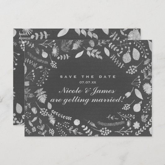 Charcoal Gray Silver Floral Save the Date Postkart Ankündigungspostkarte (Vorne/Hinten)