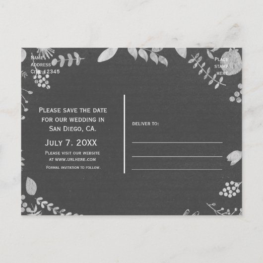 Charcoal Gray Silver Floral Save the Date Postkart Ankündigungspostkarte (Rückseite)