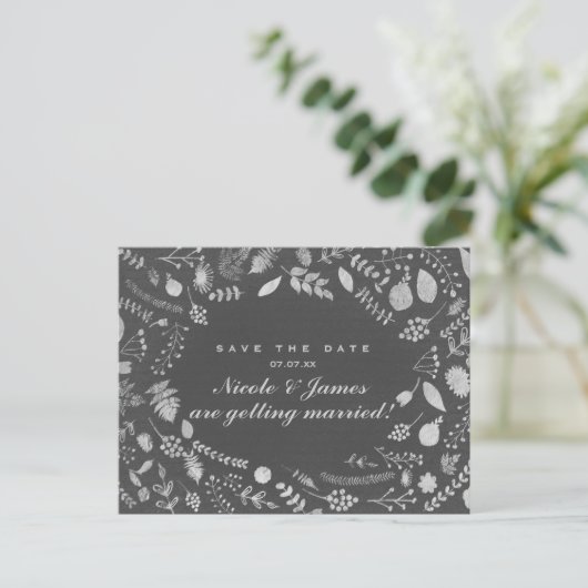 Charcoal Gray Silver Floral Save the Date Postkart Ankündigungspostkarte (Stehend Vorderseite)