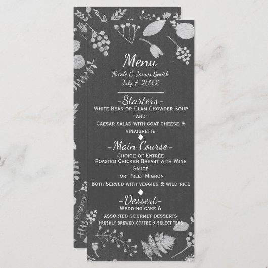 Charcoal Gray & Silver Floral Wedding Menu Card Menükarte (Vorne/Hinten)